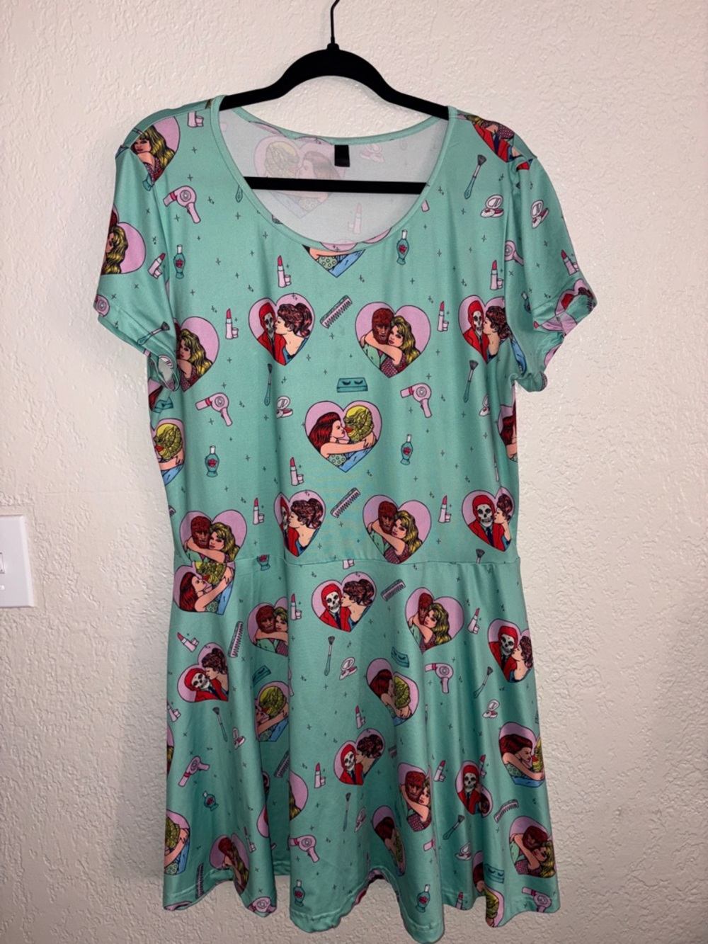 #WE358 - Western Evil Rockabilly Mint Green Heart Graphic Skater Dress-XXL